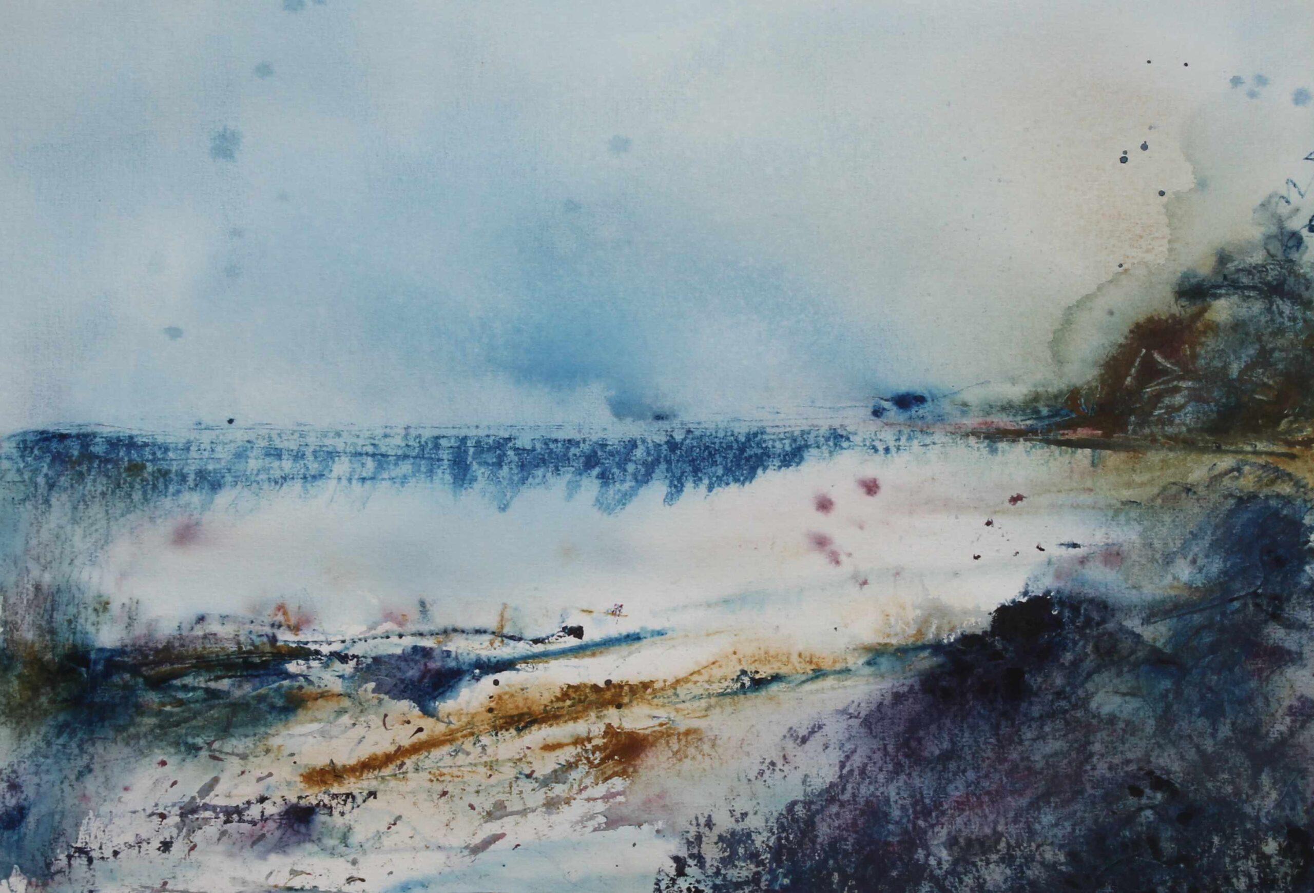 Landscape image represented in muted blue watercolours